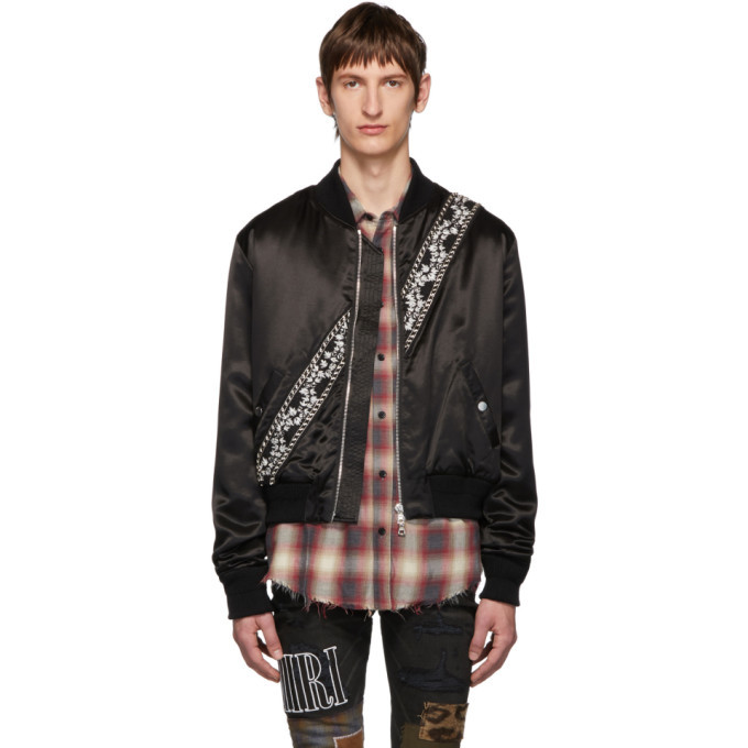 Satin Varsity Jacket in Black - Amiri