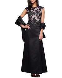 Alex Evenings Petite Embroidered Bodice Satin Gown Shawl