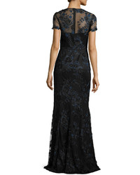 David Meister Short Sleeve Floral Embroidered Illusion Gown Navyblack