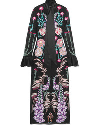 Temperley London Woodland Satin Trimmed Embroidered Silk Chiffon Midi Dress Black