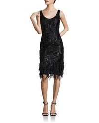 David Meister Embroidered Feathered Shift Dress
