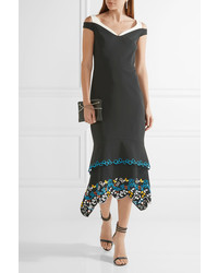 Peter Pilotto Tiered Embroidered Stretch Cady Dress Black