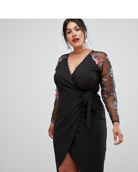 Little Mistress Plus Wrapover Pencil Dress With Embroidered Sleeve Detail