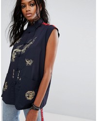 Reclaimed Vintage Inspired Sleeveless Shirt With Embroidery And Trim