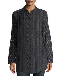Johnny Was Patule Button Front Embroidered Georgette Shirt Plus Size