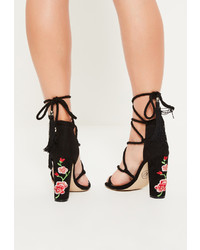Missguided Black Embroidered Lace Up Block Heels