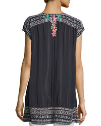 Johnny Was Letty Short Sleeve Embroidered Silk Georgette Top