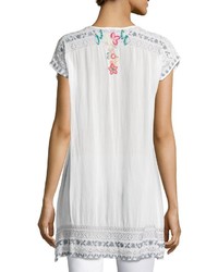 Johnny Was Letty Short Sleeve Embroidered Silk Georgette Top