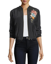 Johnny Was Alice Silk Crepe Embroidered Bomber Jacket