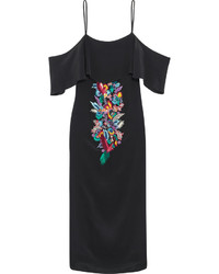 Matthew Williamson Off The Shoulder Embellished Embroidered Silk Crepe De Chine Dress Black