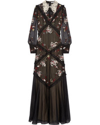 Erdem Jayne Lace Trimmed Embroidered Silk Organza Gown Black