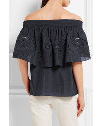 Tibi Car Off The Shoulder Embroidered Cotton And Silk Blend Top Black