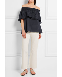 Tibi Car Off The Shoulder Embroidered Cotton And Silk Blend Top Black