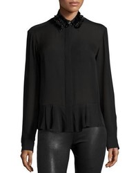 MCQ Alexander Ueen Silk Embroidered Peplum Shirt Black