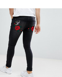Liquor N Poker Black Wash Rose And Swallow Embroidered Skinny Jeans