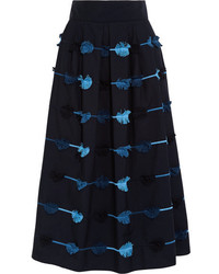 Lela Rose Embroidered Cotton Poplin Midi Skirt Midnight Blue