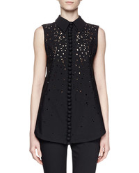 Proenza Schouler Sleeveless Collared Embroidered Top Black