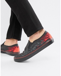 ASOS DESIGN Slip On Plimsolls With Fire Embroidery And Panther