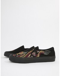 ASOS DESIGN Slip On Trainers In Black Mesh With Dragon Embroidery