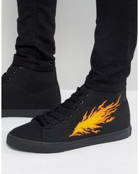 Asos Lace Up Sneakers In Black With Fire Embroidery