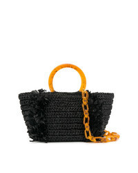 Black Embroidered Straw Tote Bag