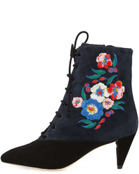 Tory Burch Cassidy Embroidered Lace Up 45mm Bootie Blackbattleship Bluepansy Bouquet