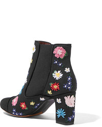 Tabitha Simmons Micki Meadow Suede Paneled Embroidered Canvas Ankle Boots Black