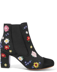 Tabitha Simmons Micki Meadow Suede Paneled Embroidered Canvas Ankle Boots Black