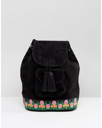 Black Embroidered Suede Backpack