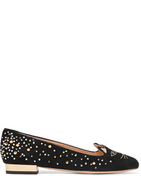 Charlotte Olympia Kitty Embellished Embroidered Suede Slippers Black
