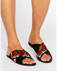 Black Embroidered Suede Flat Sandals