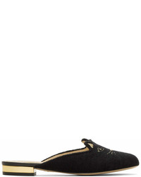 Charlotte Olympia Black French Terry Kitty Slippers