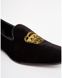 Asos Brand Loafers In Black Velvet With Crown Embroidery