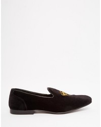 Asos Brand Loafers In Black Velvet With Crown Embroidery
