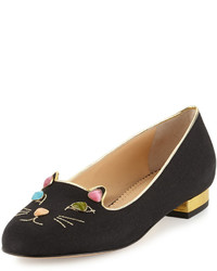 Charlotte Olympia Kitty On The Rocks Linen Loafer Flat Black