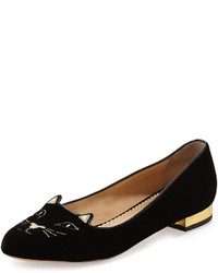 Charlotte Olympia Kitty Velvet Cat Embroidered Flat Blackgold