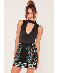 Black Embroidered Suede Mini Skirt