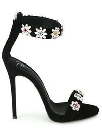 Giuseppe Zanotti Flower Crystal Embroidered Suede Sandals
