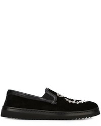 Black Embroidered Suede Slip-on Sneakers