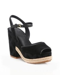 Black Embroidered Suede Wedge Sandals