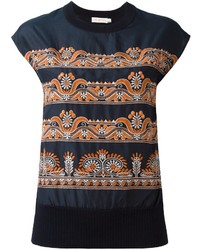 Tory Burch Ribbed Detailing Embroidered T Shirt