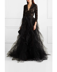 Oscar de la Renta Corded Lace And Ruffled Tulle Gown