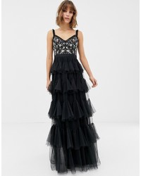 Needle & Thread Embrodiered Tiered Tulle Gown In Black