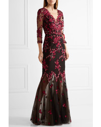 Marchesa Notte Embroidered Tulle Gown Black