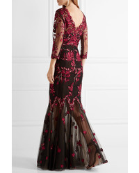 Marchesa Notte Embroidered Tulle Gown Black