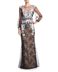 Marchesa Notte Lace Tulle Long Sleeve Evening Gown W Floral Embroidery