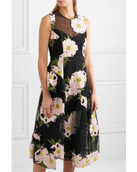 Simone Rocha Floral Embroidered Cotton Blend Tulle Midi Dress Black