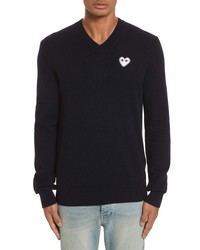 Comme des Garcons Play White Heart Wool V Neck Sweater