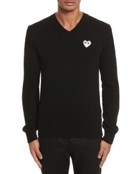 Comme Des Garcons Play White Heart Wool V Neck Sweater