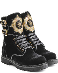 Balmain Eagle Velvet Ankle Boots With Embroidery